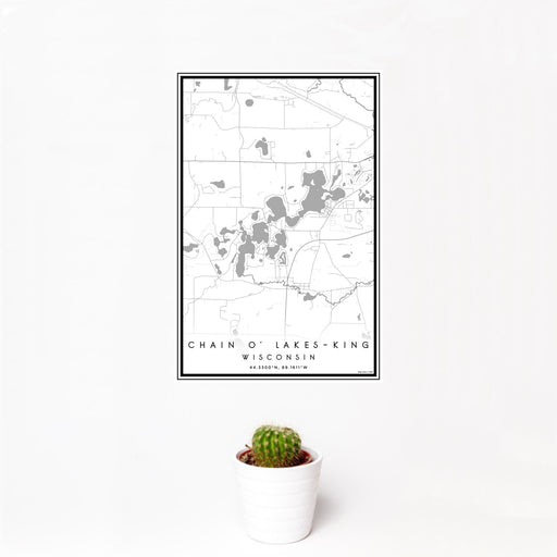 12x18 Chain O' Lakes-King Wisconsin Map Print Portrait Orientation in Classic Style With Small Cactus Plant in White Planter