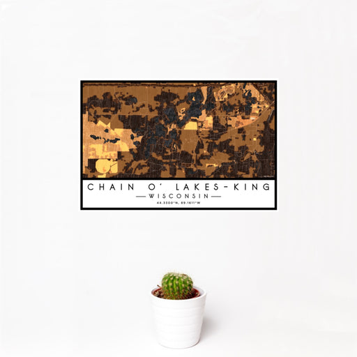 12x18 Chain O' Lakes-King Wisconsin Map Print Landscape Orientation in Ember Style With Small Cactus Plant in White Planter