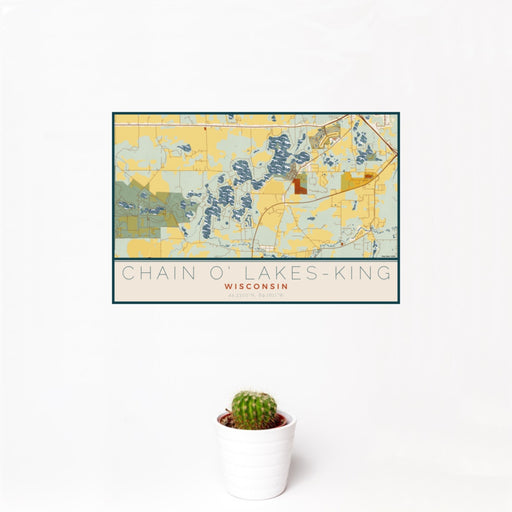 12x18 Chain O' Lakes-King Wisconsin Map Print Landscape Orientation in Woodblock Style With Small Cactus Plant in White Planter
