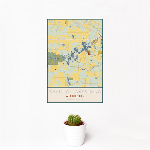 12x18 Chain O' Lakes-King Wisconsin Map Print Portrait Orientation in Woodblock Style With Small Cactus Plant in White Planter