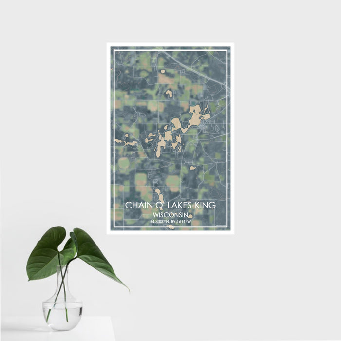 16x24 Chain O' Lakes-King Wisconsin Map Print Portrait Orientation in Afternoon Style With Tropical Plant Leaves in Water