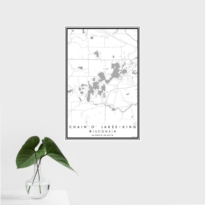 16x24 Chain O' Lakes-King Wisconsin Map Print Portrait Orientation in Classic Style With Tropical Plant Leaves in Water