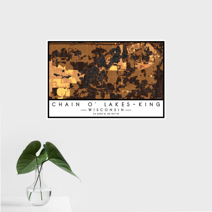 16x24 Chain O' Lakes-King Wisconsin Map Print Landscape Orientation in Ember Style With Tropical Plant Leaves in Water