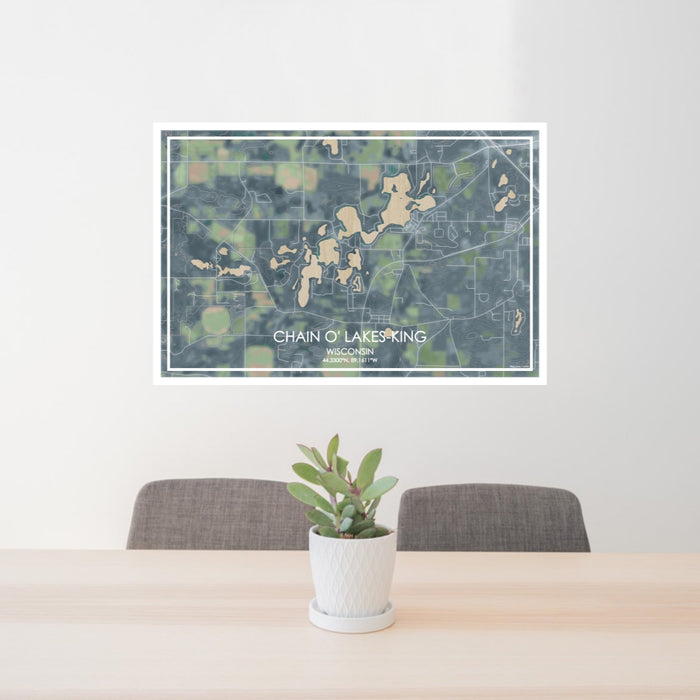 24x36 Chain O' Lakes-King Wisconsin Map Print Lanscape Orientation in Afternoon Style Behind 2 Chairs Table and Potted Plant