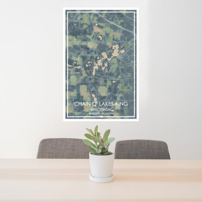 24x36 Chain O' Lakes-King Wisconsin Map Print Portrait Orientation in Afternoon Style Behind 2 Chairs Table and Potted Plant