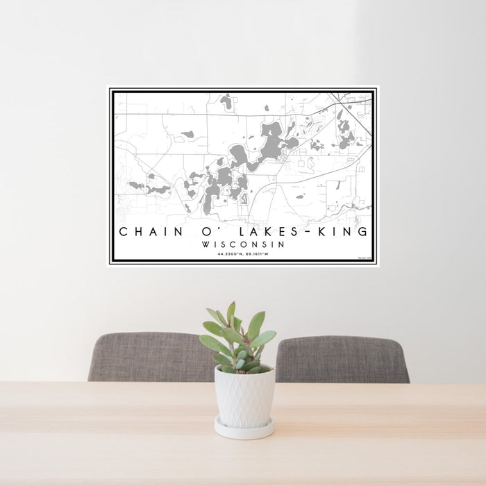 24x36 Chain O' Lakes-King Wisconsin Map Print Lanscape Orientation in Classic Style Behind 2 Chairs Table and Potted Plant