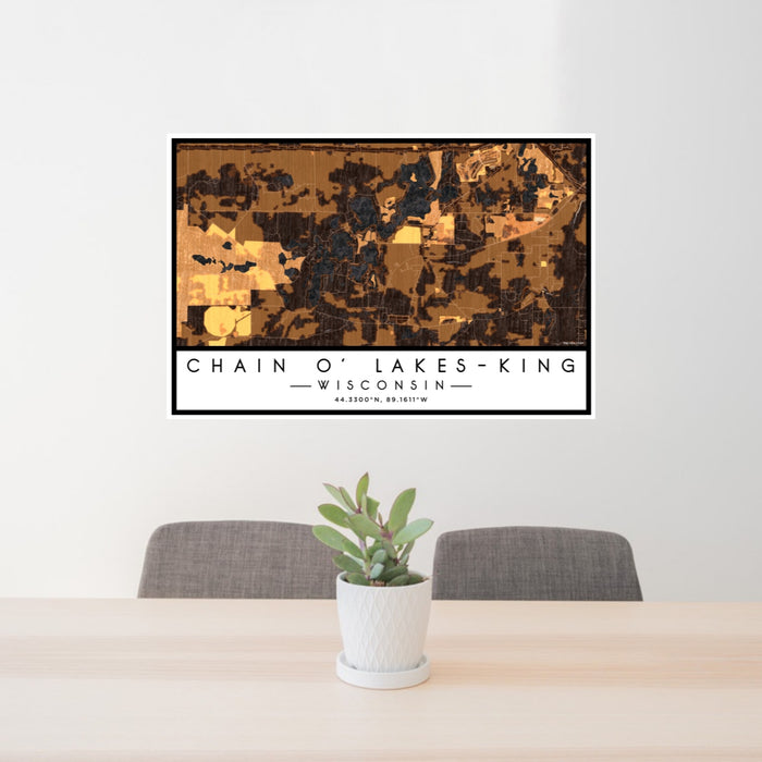 24x36 Chain O' Lakes-King Wisconsin Map Print Lanscape Orientation in Ember Style Behind 2 Chairs Table and Potted Plant