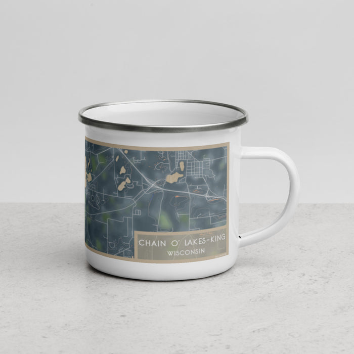 Right View Custom Chain O' Lakes-King Wisconsin Map Enamel Mug in Afternoon