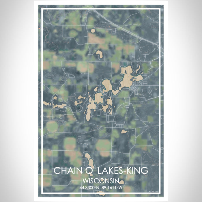 Chain O' Lakes-King Wisconsin Map Print Portrait Orientation in Afternoon Style With Shaded Background