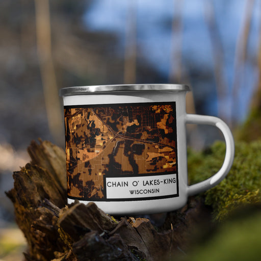 Right View Custom Chain O' Lakes-King Wisconsin Map Enamel Mug in Ember on Grass With Trees in Background