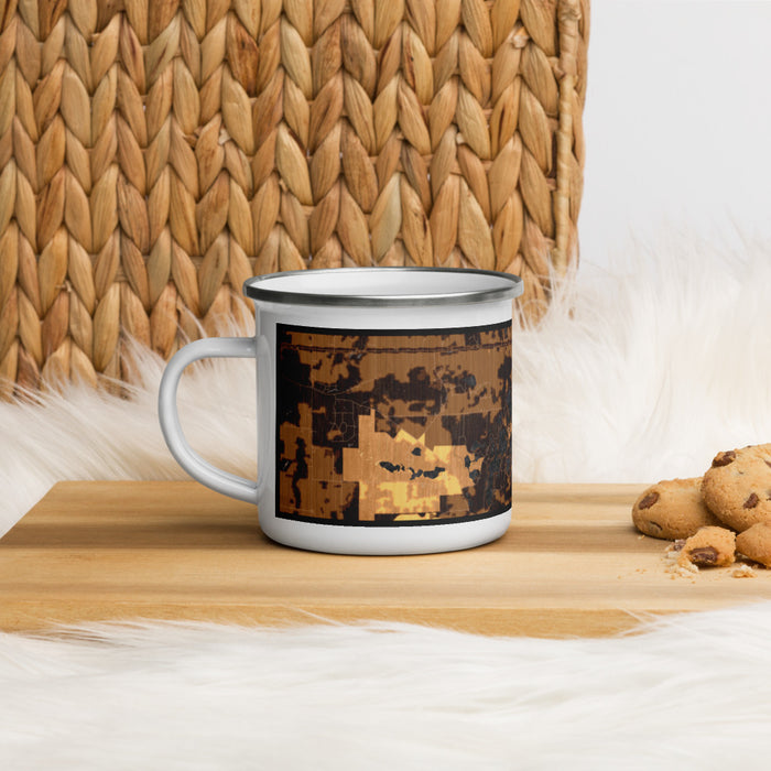 Left View Custom Chain O' Lakes-King Wisconsin Map Enamel Mug in Ember on Table Top