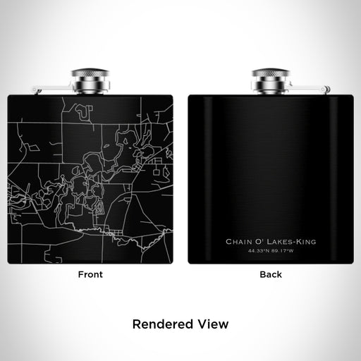 Rendered View of Chain O' Lakes-King Wisconsin Map Engraving on 6oz Stainless Steel Flask in Black