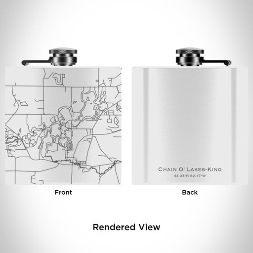 Rendered View of Chain O' Lakes-King Wisconsin Map Engraving on 6oz Stainless Steel Flask in White