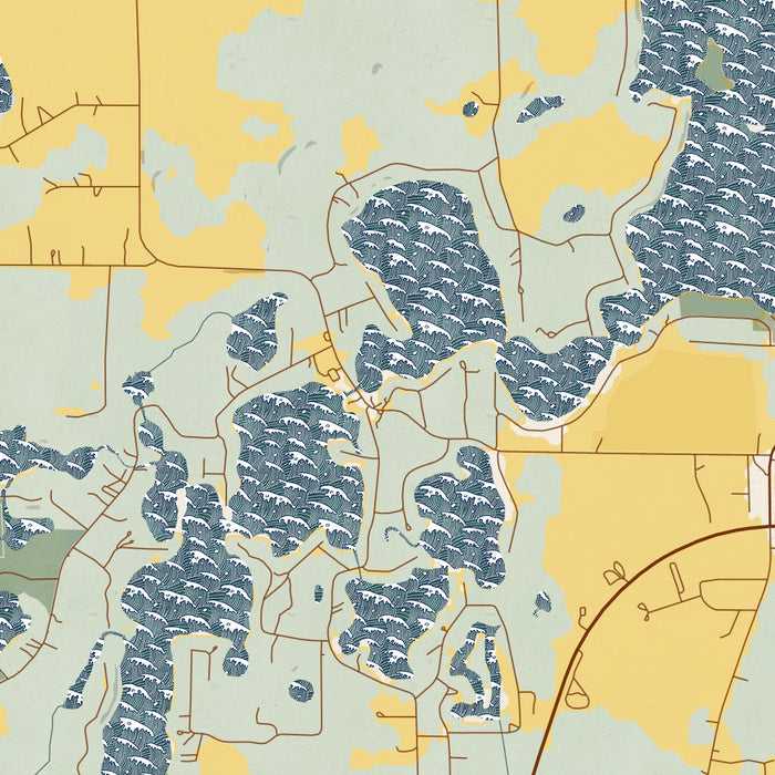 Chain O' Lakes-King Wisconsin Map Print in Woodblock Style Zoomed In Close Up Showing Details