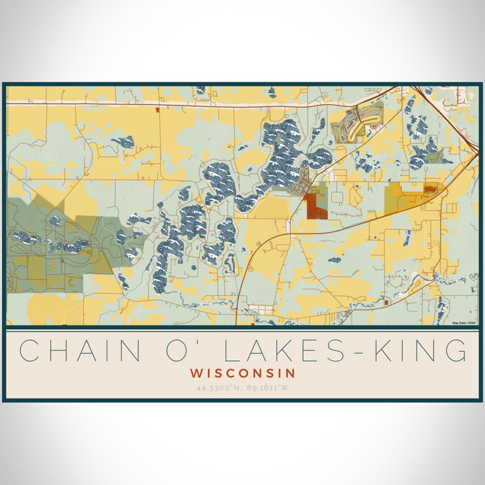 Chain O' Lakes-King Wisconsin Map Print Landscape Orientation in Woodblock Style With Shaded Background