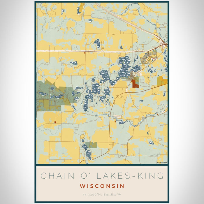 Chain O' Lakes-King Wisconsin Map Print Portrait Orientation in Woodblock Style With Shaded Background