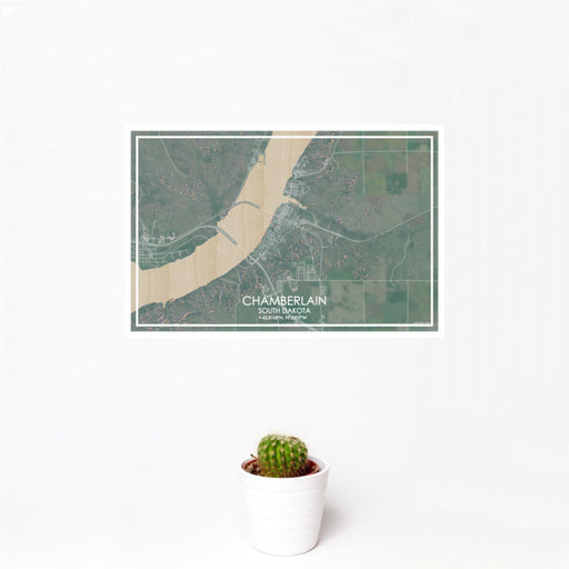 12x18 Chamberlain South Dakota Map Print Landscape Orientation in Afternoon Style With Small Cactus Plant in White Planter