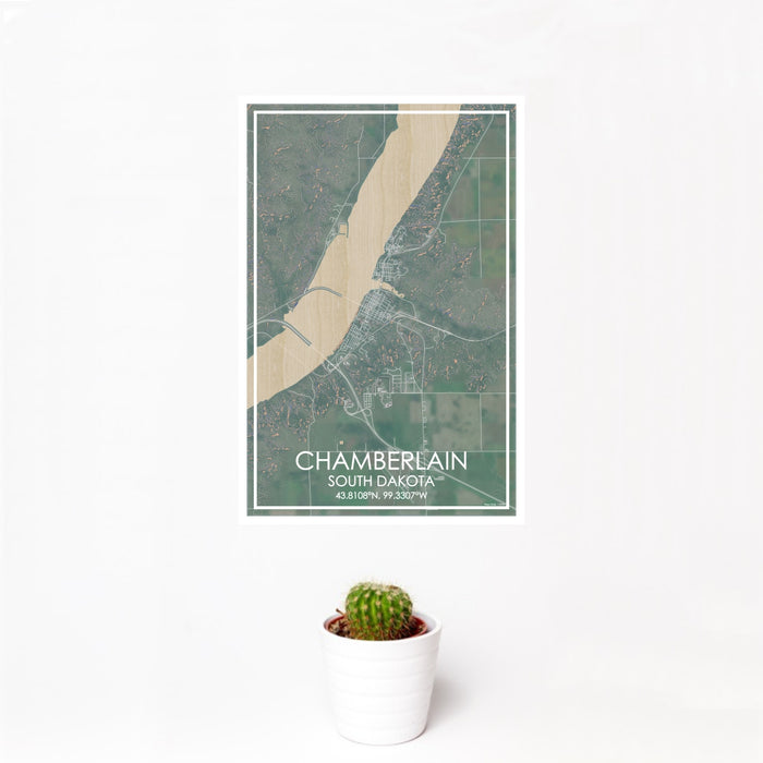 12x18 Chamberlain South Dakota Map Print Portrait Orientation in Afternoon Style With Small Cactus Plant in White Planter