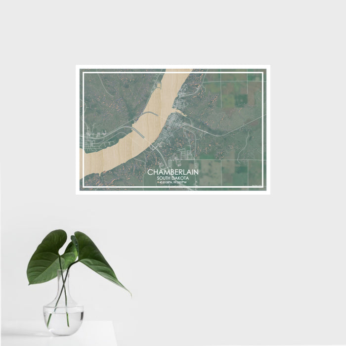 16x24 Chamberlain South Dakota Map Print Landscape Orientation in Afternoon Style With Tropical Plant Leaves in Water