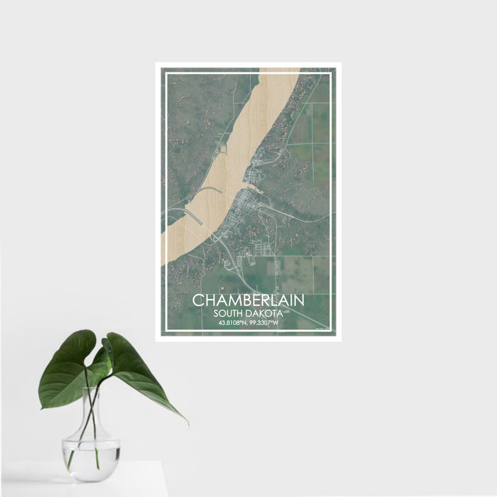 16x24 Chamberlain South Dakota Map Print Portrait Orientation in Afternoon Style With Tropical Plant Leaves in Water
