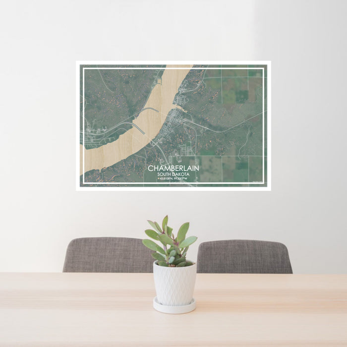 24x36 Chamberlain South Dakota Map Print Lanscape Orientation in Afternoon Style Behind 2 Chairs Table and Potted Plant