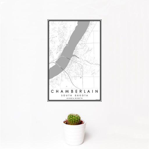 12x18 Chamberlain South Dakota Map Print Portrait Orientation in Classic Style With Small Cactus Plant in White Planter
