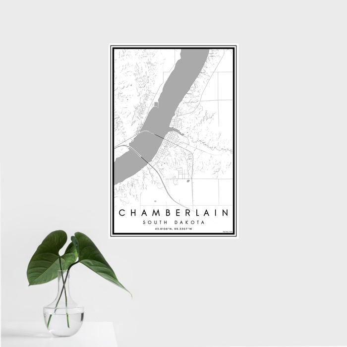 16x24 Chamberlain South Dakota Map Print Portrait Orientation in Classic Style With Tropical Plant Leaves in Water