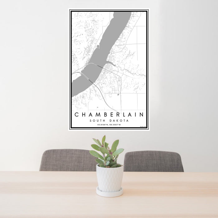 24x36 Chamberlain South Dakota Map Print Portrait Orientation in Classic Style Behind 2 Chairs Table and Potted Plant