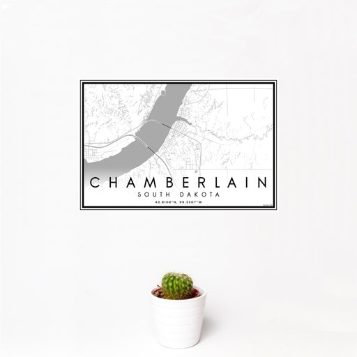 12x18 Chamberlain South Dakota Map Print Landscape Orientation in Classic Style With Small Cactus Plant in White Planter