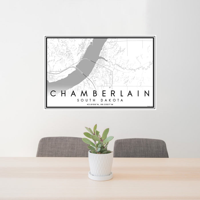24x36 Chamberlain South Dakota Map Print Landscape Orientation in Classic Style Behind 2 Chairs Table and Potted Plant