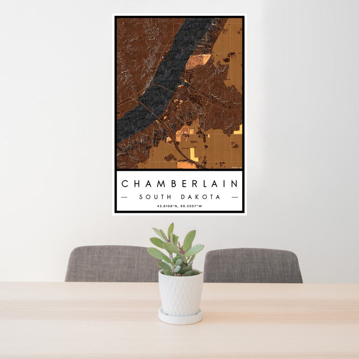 24x36 Chamberlain South Dakota Map Print Portrait Orientation in Ember Style Behind 2 Chairs Table and Potted Plant