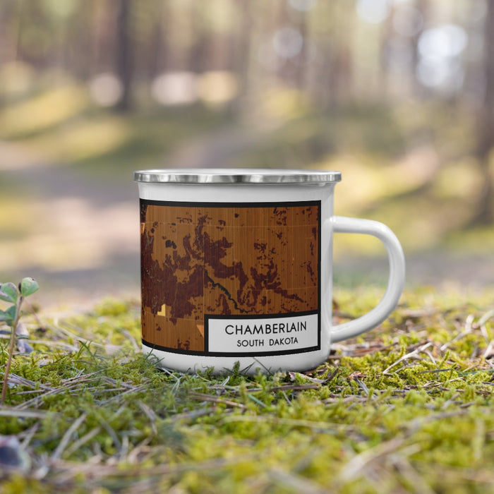 Right View Custom Chamberlain South Dakota Map Enamel Mug in Ember on Grass With Trees in Background