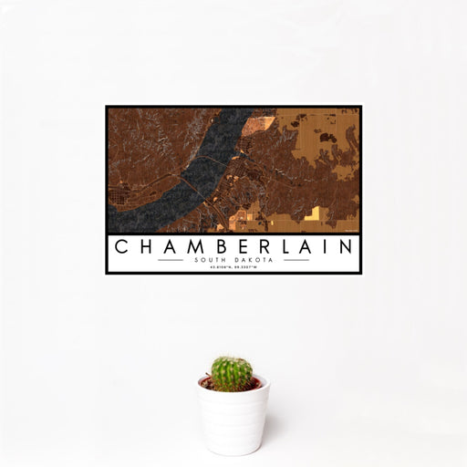 12x18 Chamberlain South Dakota Map Print Landscape Orientation in Ember Style With Small Cactus Plant in White Planter