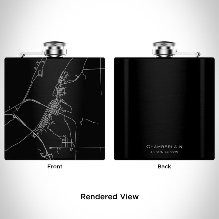 Rendered View of Chamberlain South Dakota Map Engraving on 6oz Stainless Steel Flask in Black