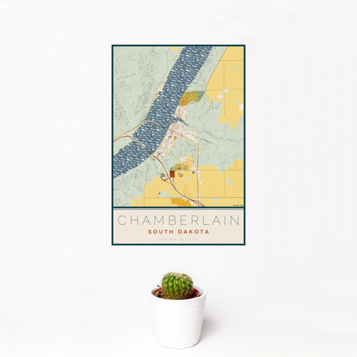 12x18 Chamberlain South Dakota Map Print Portrait Orientation in Woodblock Style With Small Cactus Plant in White Planter