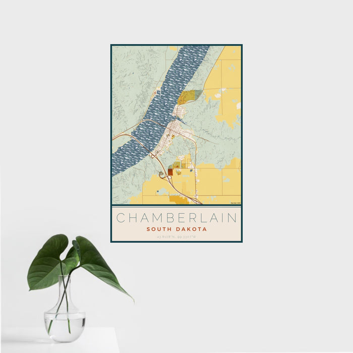 16x24 Chamberlain South Dakota Map Print Portrait Orientation in Woodblock Style With Tropical Plant Leaves in Water