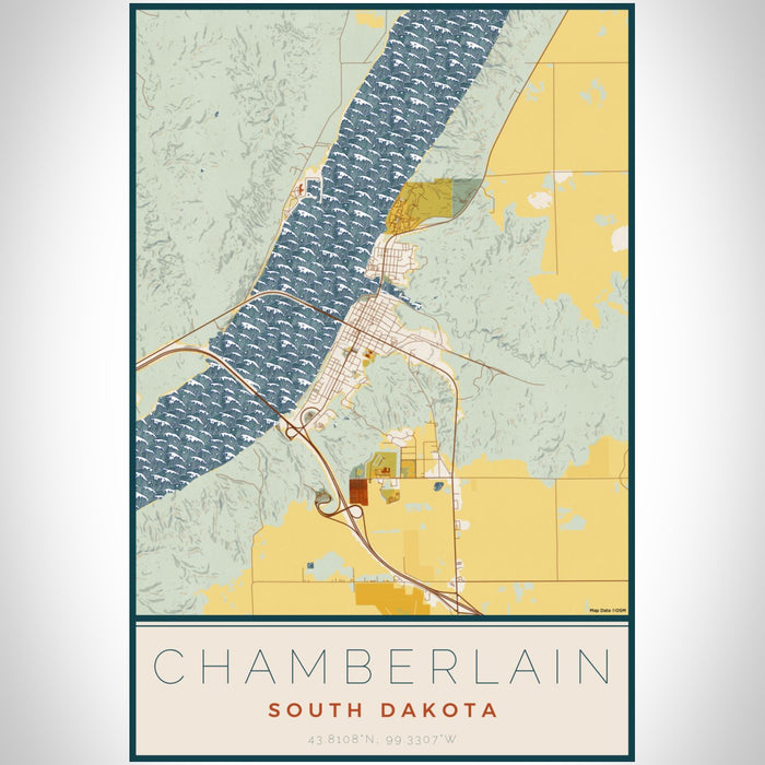 Chamberlain South Dakota Map Print Portrait Orientation in Woodblock Style With Shaded Background