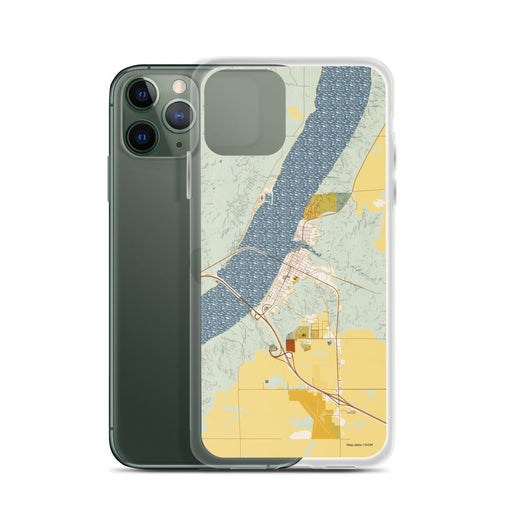 Custom Chamberlain South Dakota Map Phone Case in Woodblock on Table with Laptop and Plant
