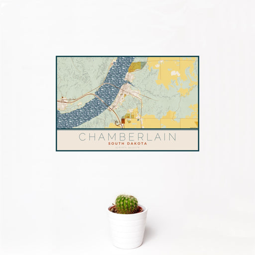 12x18 Chamberlain South Dakota Map Print Landscape Orientation in Woodblock Style With Small Cactus Plant in White Planter