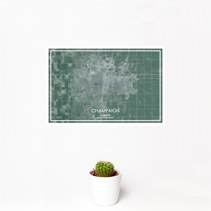 12x18 Champaign Illinois Map Print Landscape Orientation in Afternoon Style With Small Cactus Plant in White Planter