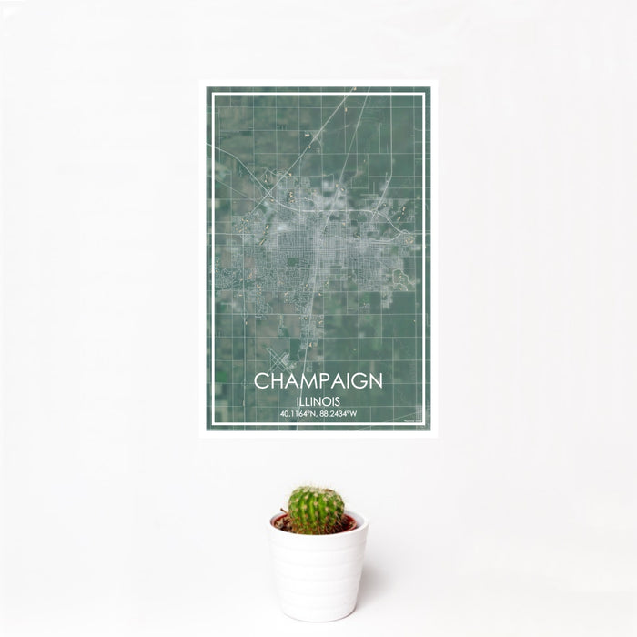 12x18 Champaign Illinois Map Print Portrait Orientation in Afternoon Style With Small Cactus Plant in White Planter