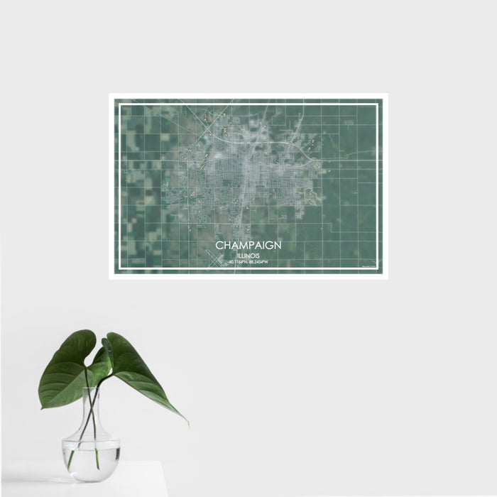 16x24 Champaign Illinois Map Print Landscape Orientation in Afternoon Style With Tropical Plant Leaves in Water