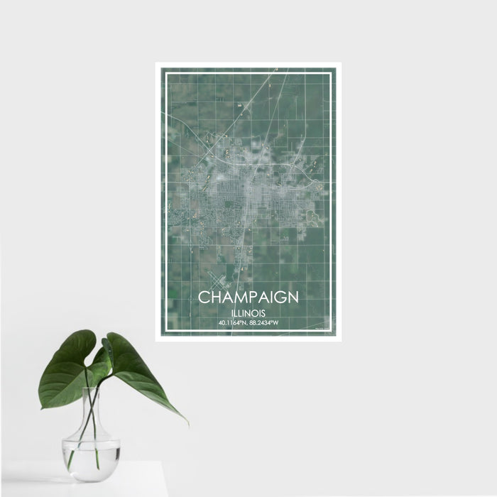 16x24 Champaign Illinois Map Print Portrait Orientation in Afternoon Style With Tropical Plant Leaves in Water