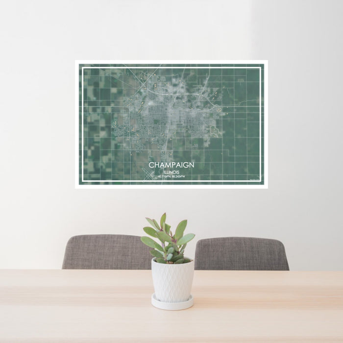 24x36 Champaign Illinois Map Print Lanscape Orientation in Afternoon Style Behind 2 Chairs Table and Potted Plant