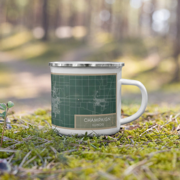 Right View Custom Champaign Illinois Map Enamel Mug in Afternoon on Grass With Trees in Background