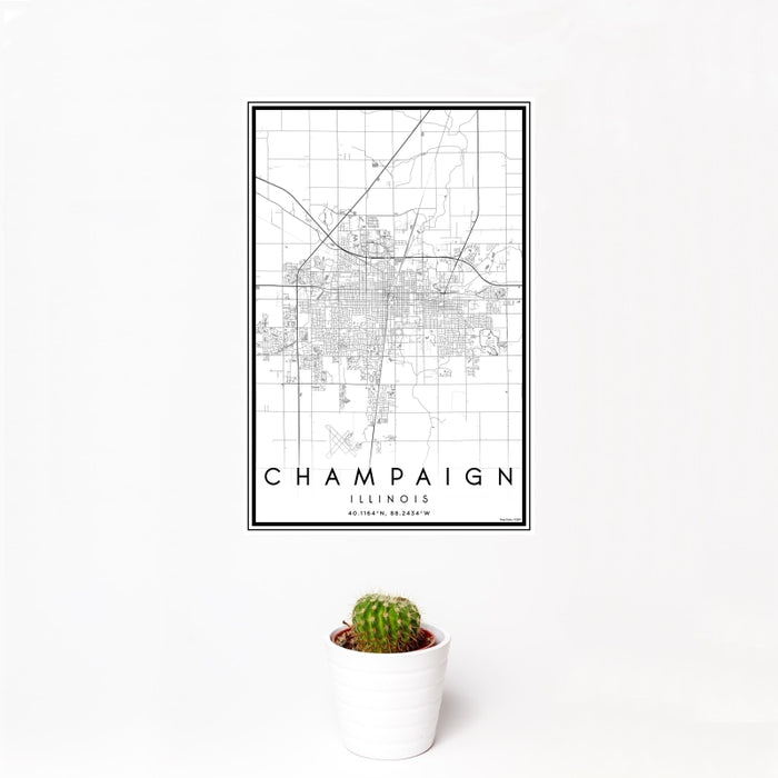12x18 Champaign Illinois Map Print Portrait Orientation in Classic Style With Small Cactus Plant in White Planter