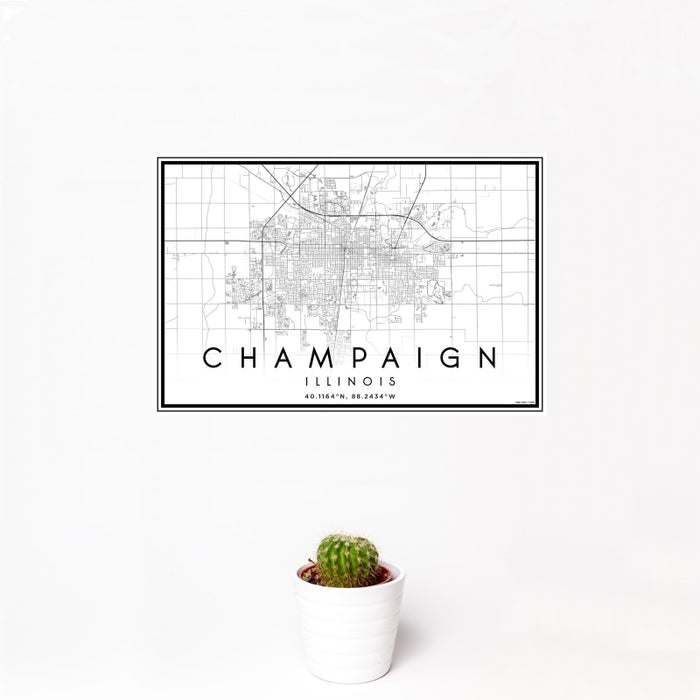 12x18 Champaign Illinois Map Print Landscape Orientation in Classic Style With Small Cactus Plant in White Planter