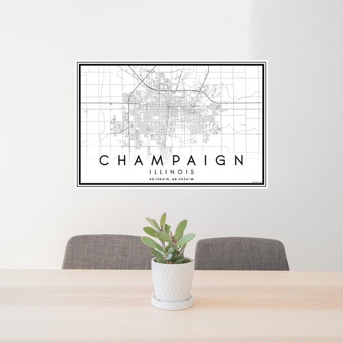 24x36 Champaign Illinois Map Print Landscape Orientation in Classic Style Behind 2 Chairs Table and Potted Plant