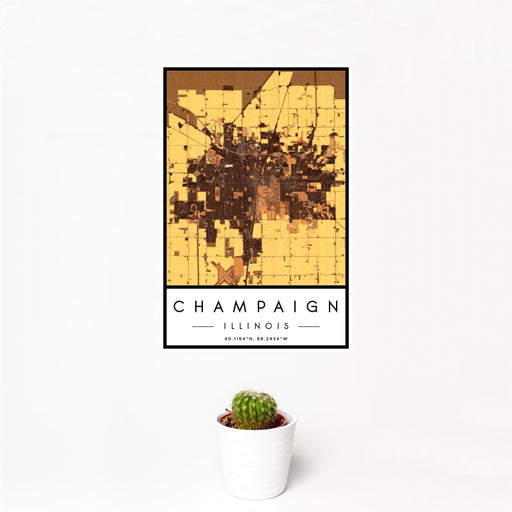 12x18 Champaign Illinois Map Print Portrait Orientation in Ember Style With Small Cactus Plant in White Planter