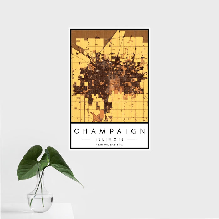 16x24 Champaign Illinois Map Print Portrait Orientation in Ember Style With Tropical Plant Leaves in Water